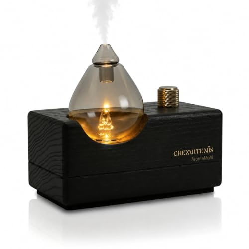 chezArtemis Black Obsidian Aroma Diffuser ohne Wasser für Aromatherapie | Rauchglas Vernebler & Dunkler Holzsockel, Plastikfrei und BPA-frei, Wiederaufladbar & 7-10 Tage Akku, Duftreichweite 60 m²