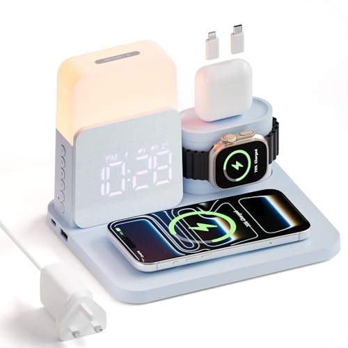 COLSUR 6 in 1 Wireless Charging Station, Magnetic 25W Wireless Charger with Alarm Clock, Night Light, Wireless Charger Stand for iPhone 17 16 15 14 13 12 11 X Pro Max, Apple Watch, AirPods