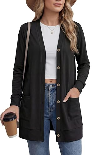GRECERELLE Dam lättvikts V-ringad cardigan med fickor | Långärmad button-down stickning med fickor, ett enkelt lager för arbetsdagar, helger, resor och avslappnade vardagskläder