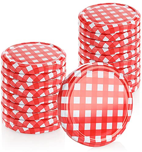 com-four® 20x Ersatzdeckel für Marmeladengläser, rot/weiß karierte | TO 82 mm