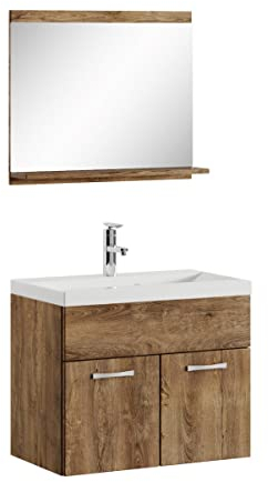 Badplaats B.V. Badezimmer Badmöbel Set Montreal 02 60cm Waschbecken Braun Eiche - Unterschrank Waschtisch Spiegel Möbel