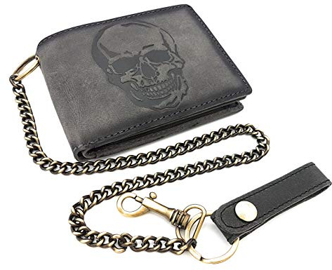 Jockey Club Portefeuille de motard en cuir véritable - Avec chaîne de 50 cm et protection RFID, gris foncé, s, Porte-monnaie