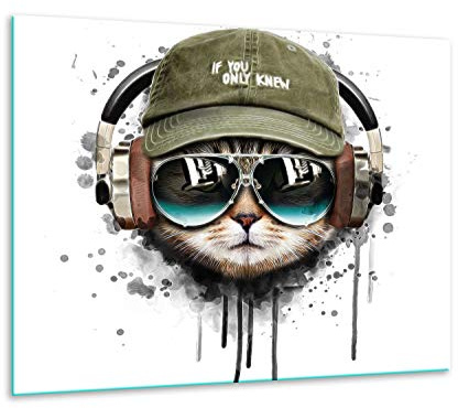 TMK | Herdabdeckplatte 60x52 Einteilig Glas Elektroherd Induktion Herdschutz Spritzschutz Glasplatte Deko Schneidebrett Weiß Katze