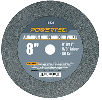 POWERTEC Bench Grinder Wheel 8 Inch 80 Grit, Aluminum Oxide Grinding Wheel for Bench Pedestal Grinder, 1 Thick 5/8 Arbor, Sharpening & Shaping Drill Bits, Blade, and Chisel 1PK (15521)