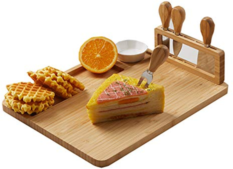 Cubiertos Y Tablas De Queso,Set De Regalo De Bambú Tabla De Quesos Con Cuatro Cuchillos Y Cuenco De Cerámica Navidad Y San-Valentín Mejores Regalos 36 X 28 X 1.5 Cm