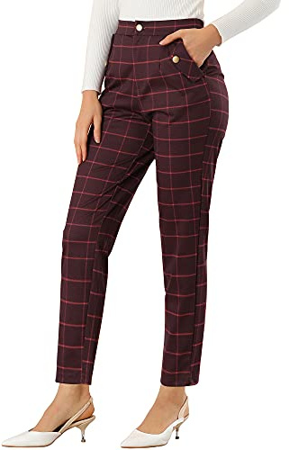 Allegra K Pantalon vintage tartan à carreaux taille élastique, pantalon long droit pour femme, bordeaux, Taille M
