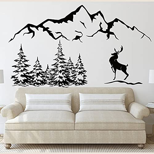 QIANGTOU Berge und Hirsche Wandtattoo Hirsch Wald Landschaft Wand Dekor Vinyl Berg Wildtiere Wald Wandaufkleber Zimmer Dekor Room 72x42cm