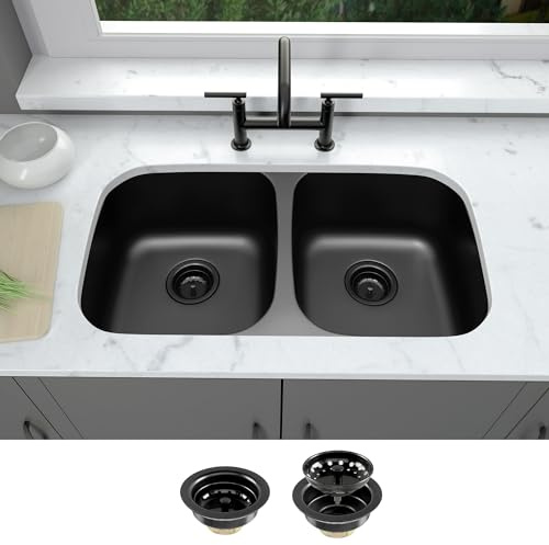 LQS 32 Inch Black Kitchen Sink, Double Bowl Kitchen Sink, Undermount Kitchen Sink Stainless Steel, Black Oval Kitchen Sink with Sleek Roun Corner for Easy Cleaning and Two Sink Strainers