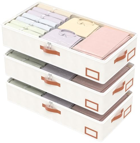 Yawinhe 3 Pezzi Scatole per Armadio Salvaspazio, con Finestra Trasparente Manici Rinforzati Organizer con Cerniera,per Trapunte, Coperte, 80x40x15cm, Beige, SNH001BEL-3
