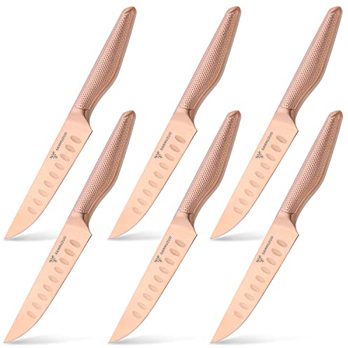 SANMUZUO Cuchillo de Carne de 6 Piezas, Cuchillos de Mesa, Juego de Cuchillos de Cocina, Cuchillos de Bistec con Acero Alemán de alto Carbono, Mango Ergonómico, Serie Zhen(Oro rosa)