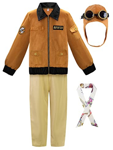 ReliBeauty Disfraz Aviador Niños 3-11 años Piloto Avion Retro con Gorro, Gafas y Pañuelo de Seda (140)