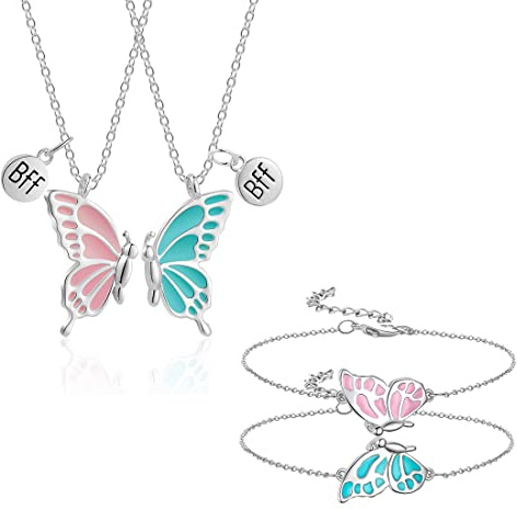 XPEX Freundschaftskette Set für 2 Frauen Mädchen BFF Halskette Schmetterling Schmuck Anhänger und 2 Schmetterling Armbänder, Freundschaftskette, Geschenk für Freunde, Personalisierter Schmuck