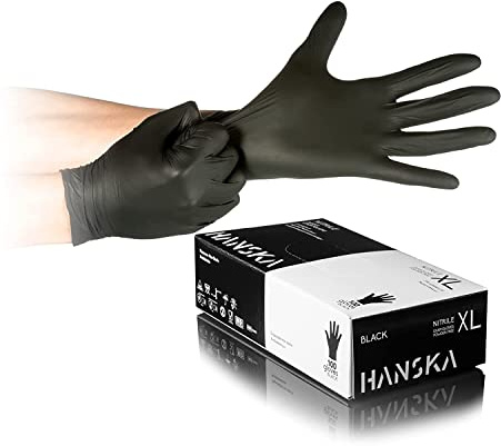 HANSKA Guantes desechables de nitrilo negros – Sin polvo – Desechar– Ambidextros – No estériles – Base de goma – Apto para ámbitos médicos, manipulación de alimentos (1000, S)