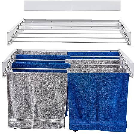 nebu! Wäscheständer zur Wandmontage 100cm klappbar aus rostfreiem Metall Indoor & Outdoor (Weiß)