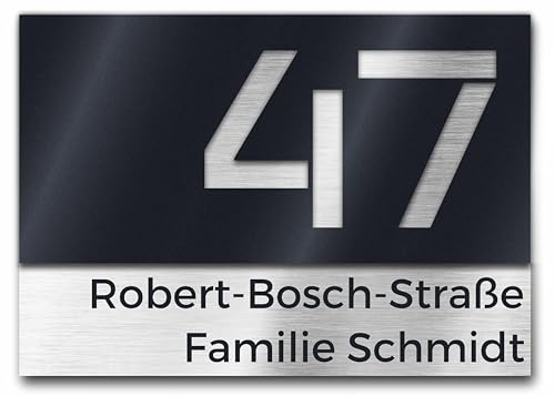 Premium Hausnummer | individuell anpassbar | Aluverbund silber gebürstet und Acrylglas Anthrazit Matt | 3D Effekt | Wetterfest | Art.Nr. H1011