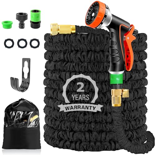 100FT Expandable Garden Hose, Garden Hose Pipe, 30M Flexible Water Hose Pipe with 10 Functional Nozzles and 3/4, 1/2 Fittings, 4 Layer Latex, Leak Proof Retractable Heavy Duty Hose Pipe