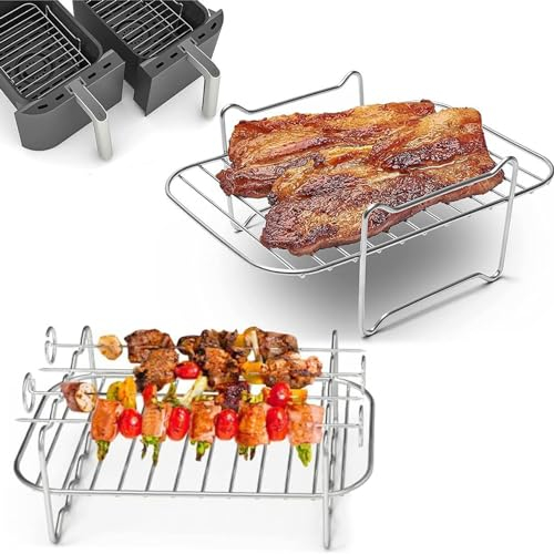 Melearch Heißluftfritteuse Zubehör für Ninja AF300EU AF400EU, 2 Stück Airfryer Grillrost mit 4 Spießen, zum Braten und Kochen, Luftfritteusenständer Zubehör Kompatibel mit Ninja/COSORI/Philips/Tefal