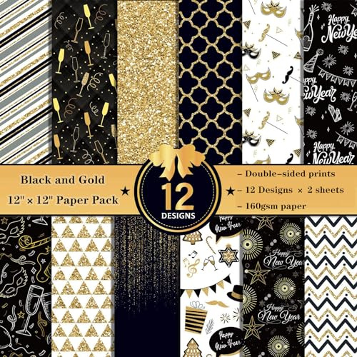 ZAKHSE Motivpapier 30x30cm, 24 Blätter Designpapier Doppelseitig Bedruckt, Schwarz und Gold Neues Jahr Gemustert Scrapbook Bastelpapier, 160gsm Dekoratives Papierblock für Basteln-12 Designs