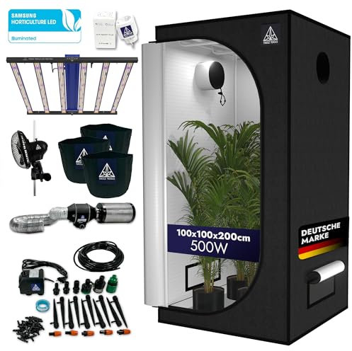 Treez Tools – Grow Komplettset M (100 x 100 x 200 cm) – Grow Light LED 500W PRO – Growzelt – Set mit Belüftungs- & Bewässerungssystem, Ventilator, Smart Plug, Grow Töpfe