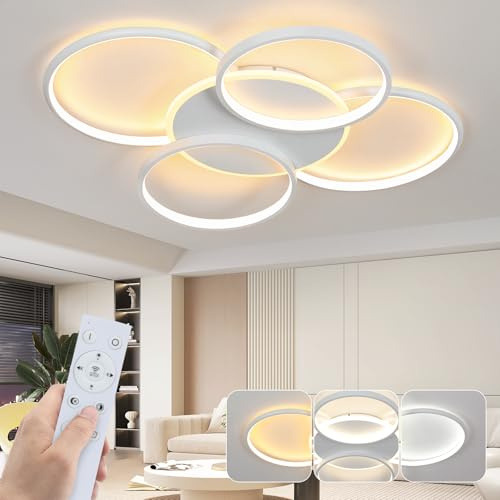 GBLY Deckenlampe LED Deckenleuchte Wohnzimmer Wohnzimmerlampe Dimmbar 70W | mit Fernbedienung 5-Ringen Weiß Schlafzimmerlampe Modern Acryl Deckenbeleuchtung für Büro Schlafzimmer Esszimmer
