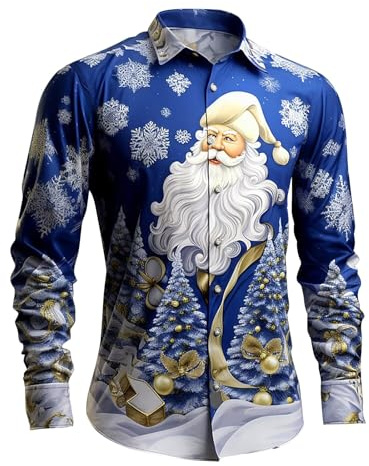 Camisa de franela para hombre 2024, camisas regulares para hombre, casual, holgada, de Navidad, Papá Noel, muñeco de nieve, camisa de manga larga con forro polar para hombre, Reino Unido, azul, XL