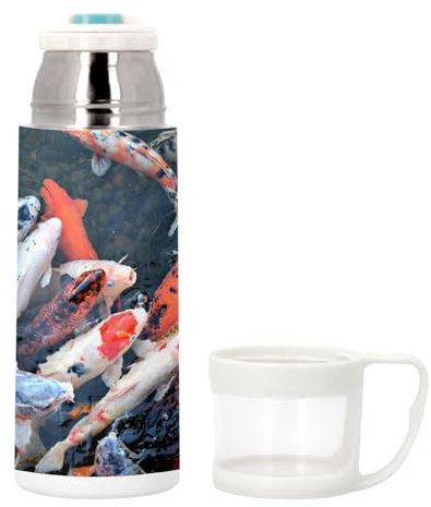Thermoskanne aus Edelstahl mit integrierter Tasse – Koi-Bank Japan Fisch See – 350 ml – Thermosflasche