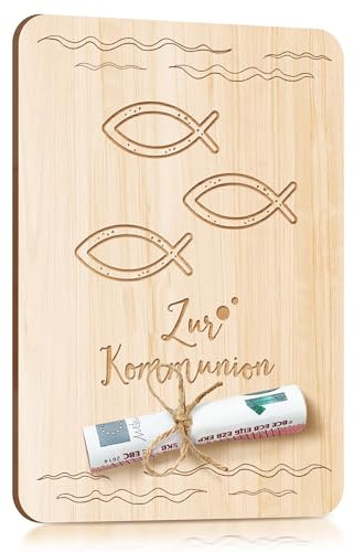 Kommunion Geschenke für Mädchen & Jungen Geldgeschenke Kommunion | Coole Geldgeschenke Verpackung Kommunion Karte Holz klein 14,7×10,4 cm | personalisierte Geldgeschenke zur erst Kommunion Holzfische