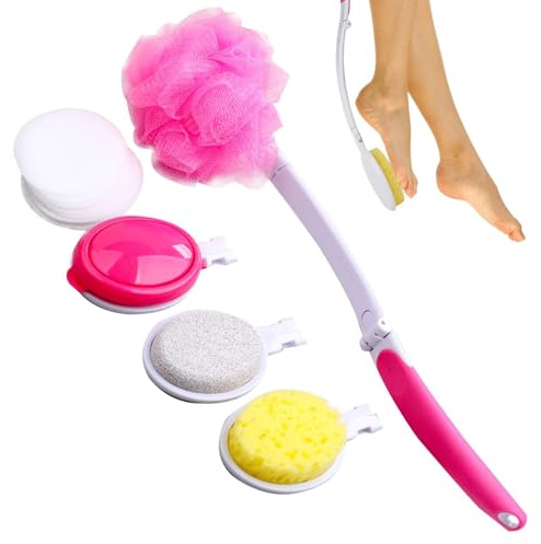 Badebürste mit langem Griff, Duschbürste mit langem Griff, rutschfeste, faltbare Rücken-Badebürste mit 4 Bürstenköpfen, Badebürsten-Set für Dusche, abnehmbarer Rücken