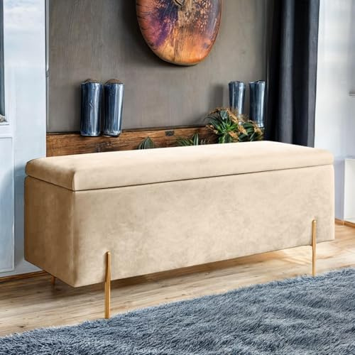 Harveys Living Plain Ottoman Storage Box - Engineered Wood Luxurious Plush Velvet Ottoman Storage Bench (Cream, Legs)