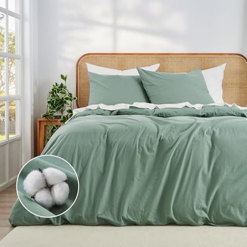 Duvetnova Bettwäsche 200x200 Grün Baumwolle 3 teilig Superweiche 100% Vorgewaschene Baumwolle ÖKO-TEX 2x2m Bettwäsche 1 Bettbezug 200x200+2 Kissenbezüge 80x80 alle mit Reißverschluss