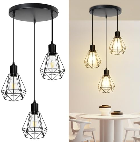 HiBay 3 Light Pendant Light Height Adjustable, Metal Ceiling Lights E27 Round Plate Hanging Lights for Kitchen Island, Dining Room, Living Room