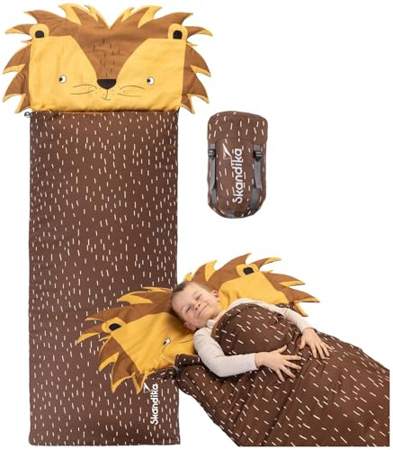 Skandika Kinderschlafsack Soti | Camping Schlafsack für Kinder bis 150 cm, buntes Design mit Tiermotiv, Kopfkissen, Baumwolle, maschinenwaschbar, atmungsaktiv | Kinderschlafsäcke