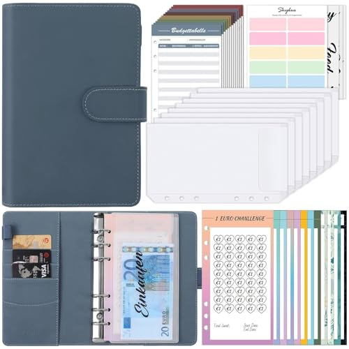 SKYDUE Budget Planner, Budgetplaner Deutsch, Sparbuch Für Geld,Haushaltsbuch Cash Organizer Mit Geldfächer (Dunkelblau)