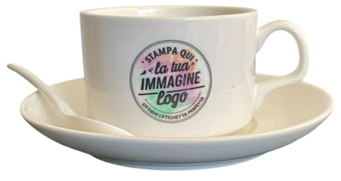Tazzina caffè in ceramica bianca con piattino e cucchiaino, personalizzabile con foto, slogan, logo o dedica a tua scelta Perfetta per la colazione o come regalo 15 ml - diametro 8 cm, h 5,5 cm.