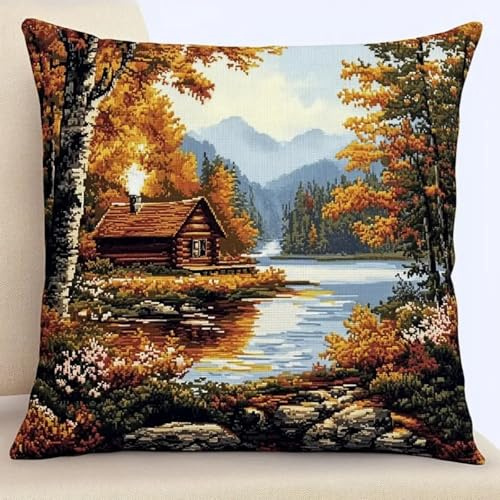 XDEGHUANGSS Kit Point Noué Coussin,Lac de la Forêt,Crochet de Verrouillage Kits de Coussins avec Crochet,Kit Tapis Point Noué à Faire pour Débutants,Adultes,43x43cm