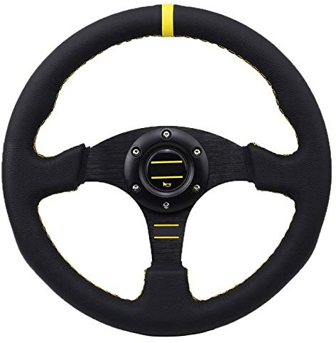 Volante Sportivo Auto,Volante da Corsa Universale 350 millimetri 13 pollici auto da corsa volante in pelle in PVC dello sterzo in alluminio Staffa Sport ruota con logo tasto di corno(Yellow Stripe)