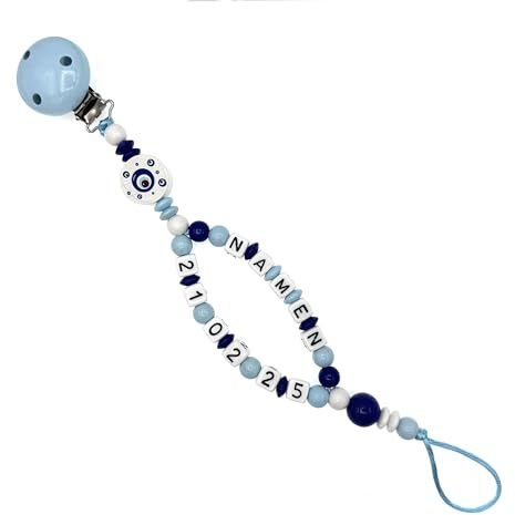Nuckelkette mit Doppelnamen Geburtsdatum  NAZAR TÜRKISCHE AUGE  Babyblau Dunkelblau Weiß/Baby/Unisex/Personalisiert/HANDMADE