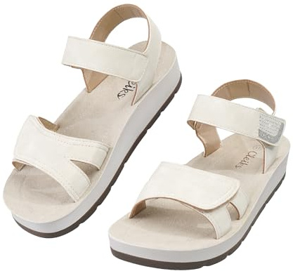 CLEIKS Donna Sandali Roman Tacco a Nastro Sandali Eleganti Belli Ortopedici con Fascia Elasticizzata per Donne Anziane Sandalo con Chiusura a Strappo (Beige, 39 EU, WCL260437-7)