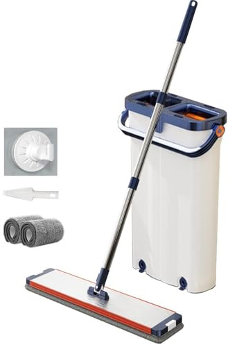 Balai Serpillère avec Seau Essoreur avec 1 Crochet, Serpillère Plat Rotatif 360° avec 2 tampons en Microfibre, Vadrouille Mains Libre avec 2 en 1 Sceau Menage Essoreur pour Nettoyage Sol, Blanc