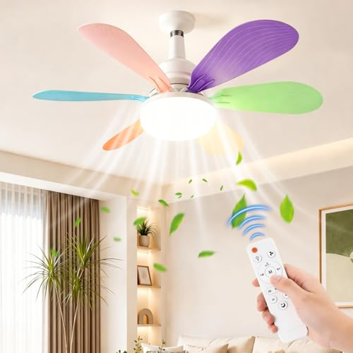 Vutlace Ceiling Fans with Lights and Remote, Quiet Ceiling Fans with 5 Blades, Ceiling Fan Light 3000K-6000K 3 Colors Dimmable for Bedroom, Garage, Kitchen, Living Room, Patio (Colourful)