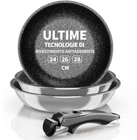Kiseely Padella Antiaderente a Induzione in Acciaio Inox, Set 3 Padelle Antiaderenti, Manico Removibile, rivestimento Antiaderente,antigraffio, Induzione e Gas (MD2)
