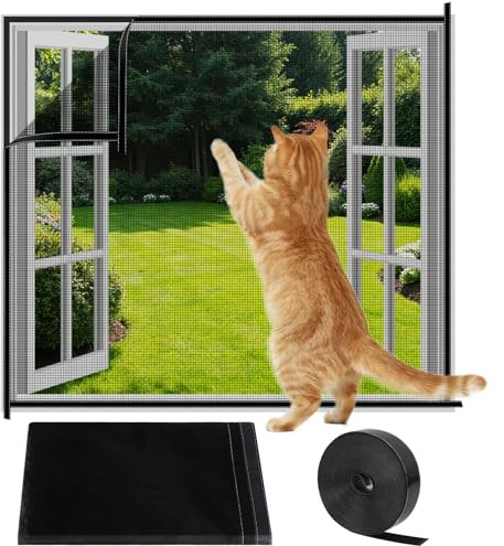 AOOWU Fenster Fliegengitter Katzensicher, Fliegengitter für Fenster, Ohne Bohren Insektenschutz Fenster mit Selbstklebeband, DIY Größe, Fensterschutz Katze für Fenster Dachfenster, 130X150CM