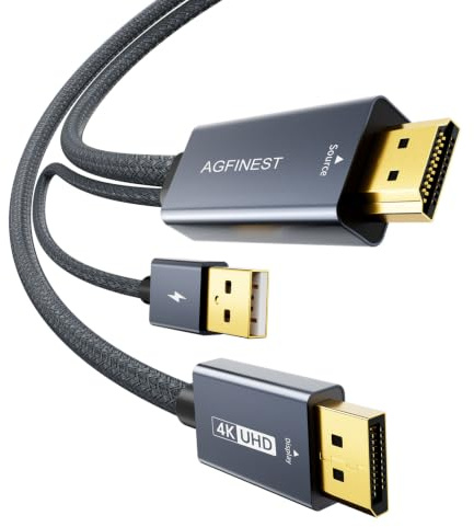 Câble HDMI vers DisplayPort Actif 1,5m, 4K@60Hz 2K@120Hz avec Alimentation USB, Adaptateur Tressé Unidirectionnel HDMI 2.0 vers DP pour PC Gamer Ordinateur Portable PS5 Xbox Moniteur Projecteur