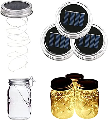 ALED LIGHT 3 Pack Solare Mason Jar Luce Bianco Caldo 2m 20 LED Lampade Argento Filo Fata Coperchio Luce, Vetro Mason Jar Appeso Lanterna Luce Giardino Patio Decorativa (Nessuna Bottiglia di Vetro)