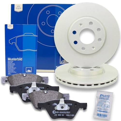 Original ATE belüftete beschichtete Bremsscheiben Ø294,5mm vorne + Original ATE Bremsbeläge Bremsklötze Anti-Quietsch-Blech Verschleißwarnkontakt Bremsenset Bremsenkit Komplettset Vorderachse
