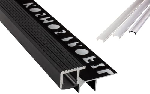 T-40 LED Alu Fliesenprofil Treppenprofil Stufen 12 mm schwarz 2m klar | Für beleuchtete Treppen- und Stufenkanten mit geschütztem LED-Streifen und sauberer Lichtführung, Abdeckung klar