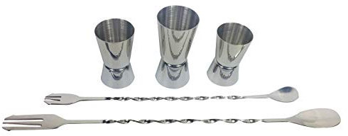 GOLDBEARUK Bar Tool Set 3 pcs Spirit Measuering Cups/Jiggers (20/30ml, 20/40ml 25/50ml) with 2 Cocktail Bar Spoons 23cm & 30cm