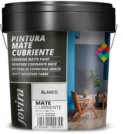 JOVIRA PINTURAS Pintura Mate Cubriente | 24 colores | Pintura interior-exterior con excelente poder cubriente. (15 Litros, Blanco) A-32C