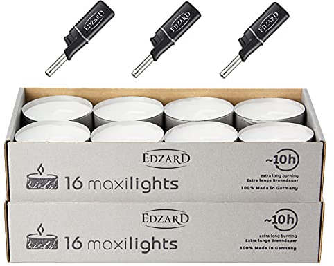EDZARD “Wenzel Maxilights” - 32 lumini maxi in alluminio, colore bianco, diametro 58 mm, altezza 22 mm, senza profumo, con 3 mini accendini lunghi 11 cm