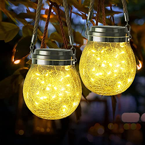 Lanterne Solaire Exterieur Jardin, ZQX 2 PCS 30 LED Boule de Lumière Solaire Craquelée Verre Lampe Suspendue Mason Jar avec Paille Eclairage IP65 Etanche Pour Pelouse, Fête, Cour, Mariage(Blanc Chaud)